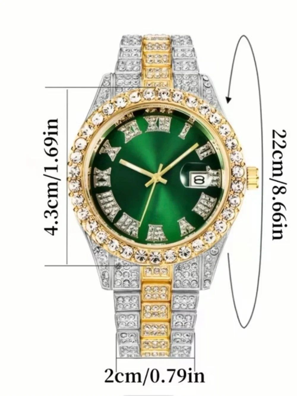 Gold-Tone Iced Out Watch with Green Dial and Crystal Accents